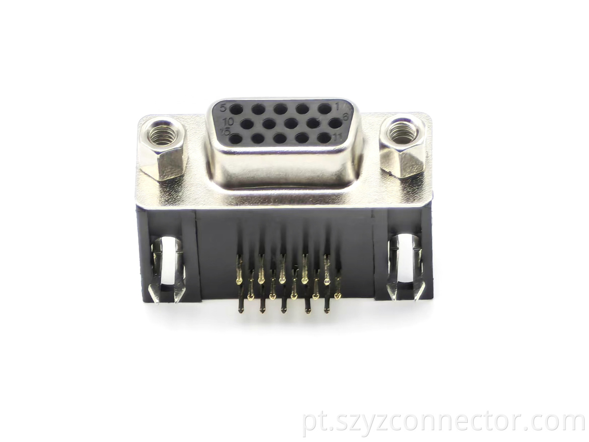 Conector D-Sub: Feminino, 3 fileiras, 8,89 mm, banhado a ouro seletivo, rebitado, plástico preto, compatível com RoHS, 15P D-Sub Connector: Female 3-Row 8.89mm Selective Gold Plating Riveted Black Plastic RoHS Compliant 15P